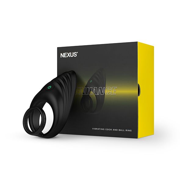 Schwarzer Vibrationsring neben einer schwarzen Schachtel. Auf der Schachtel steht "NEXUS ENHANCE".