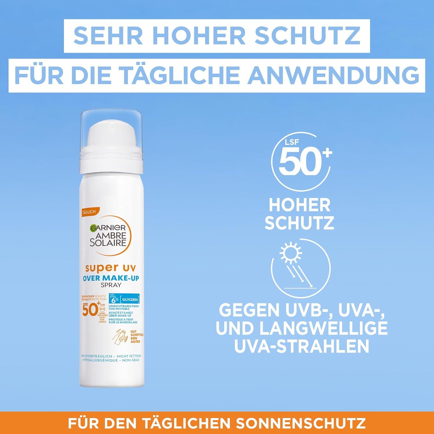 Garnier Ambre Solaire Super UV Over Make-up Spray mit LSF 50+. Weiße Sprühflasche. Text: Hoher Schutz, gegen UVB-, UVA- und langwellige UV-Strahlen.