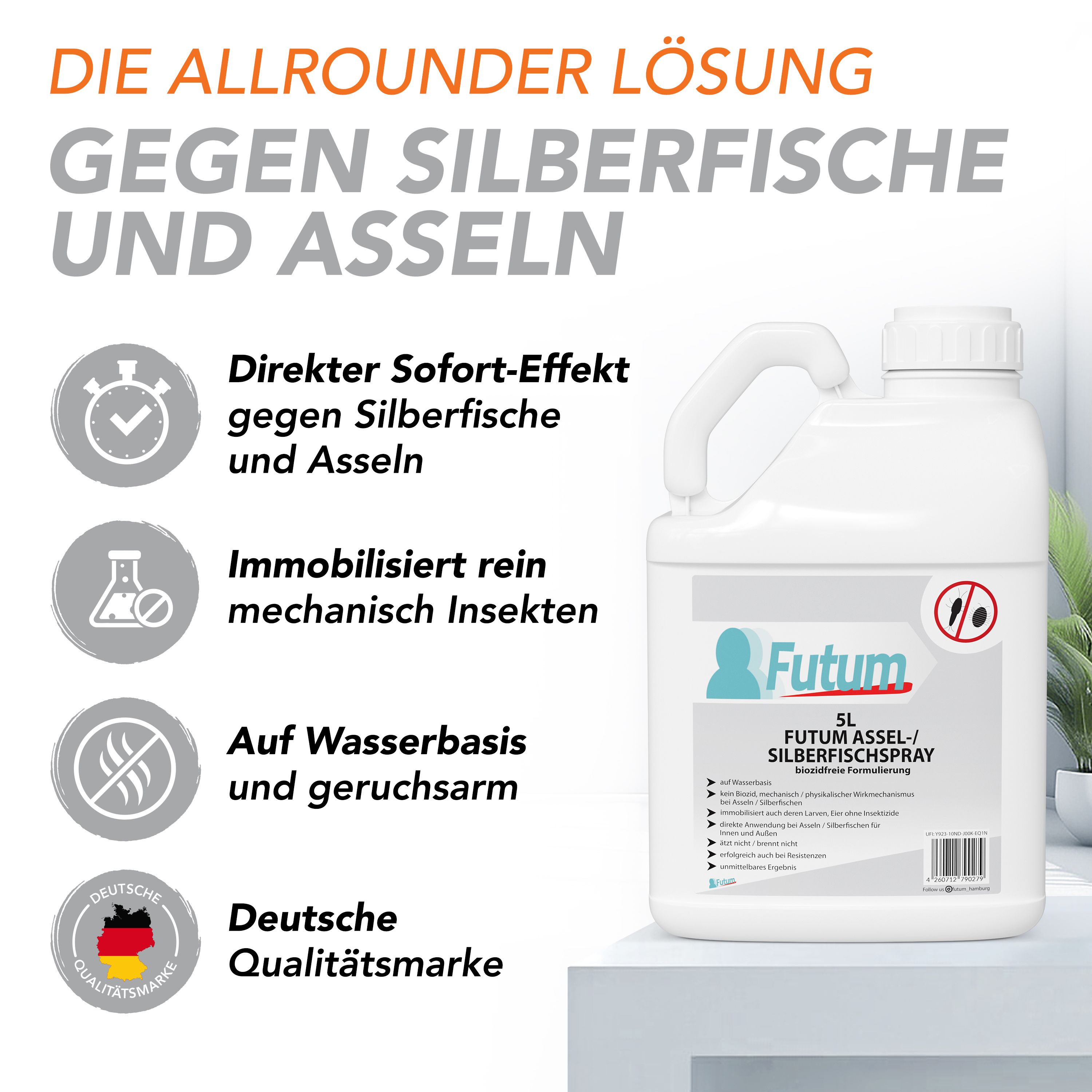Weißer Kanister mit Text: 'FUTUM ASSEL-/SILBERFISCHSPRAY'. Deutsche Qualitätsmarke. Text und Icons.