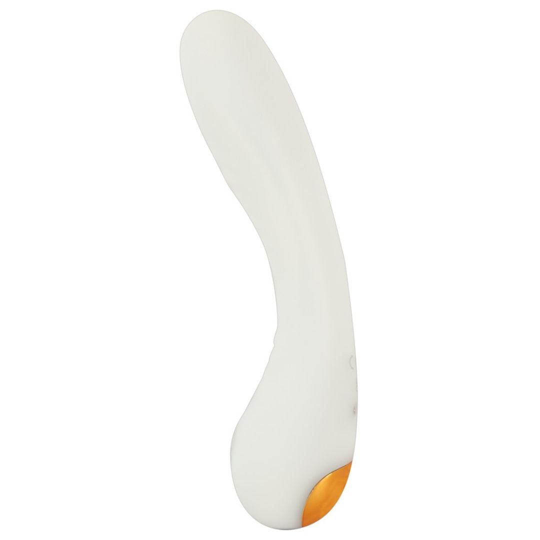 Weißer, gebogener Vibrator mit orangefarbenem Ende. Seitliche Ansicht.