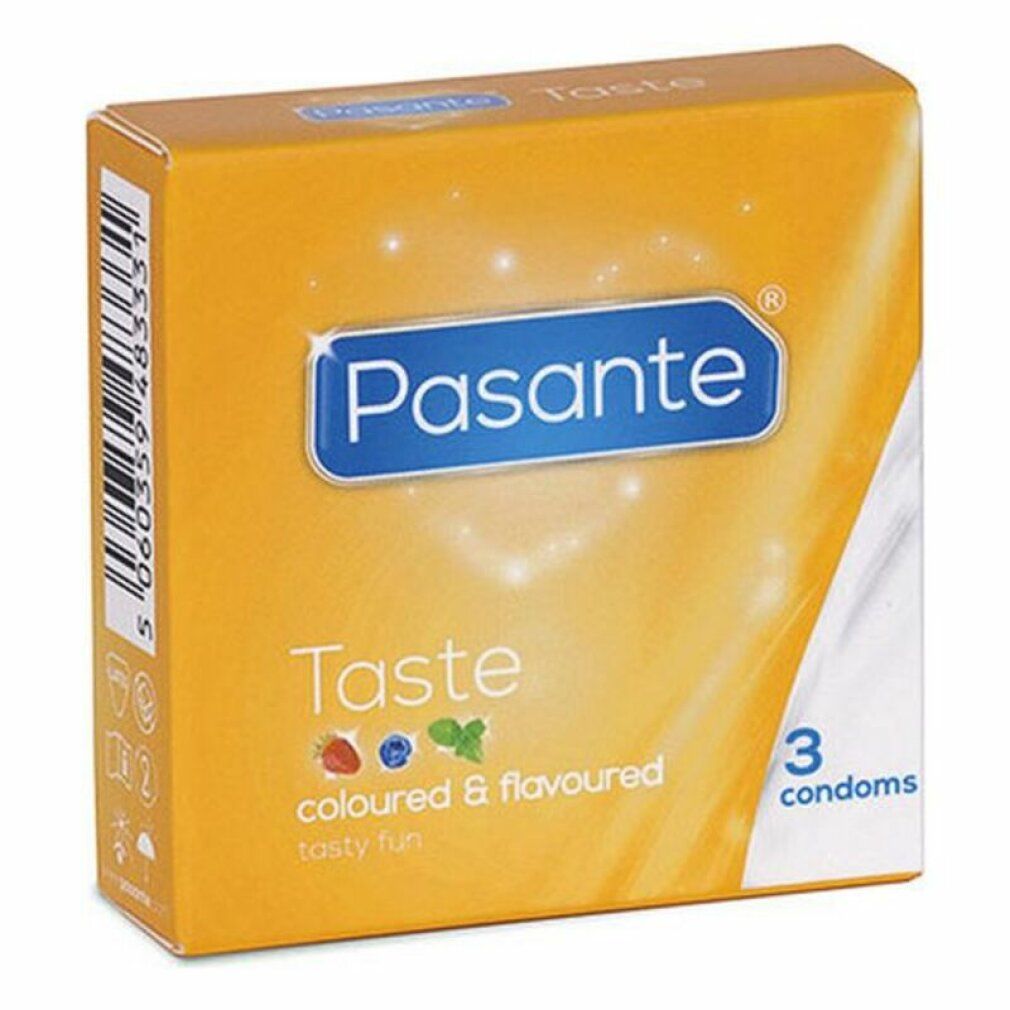 Gelbe Pasante Taste-Verpackung mit 3 Kondomen. Text: coloured & flavoured tasty fun.