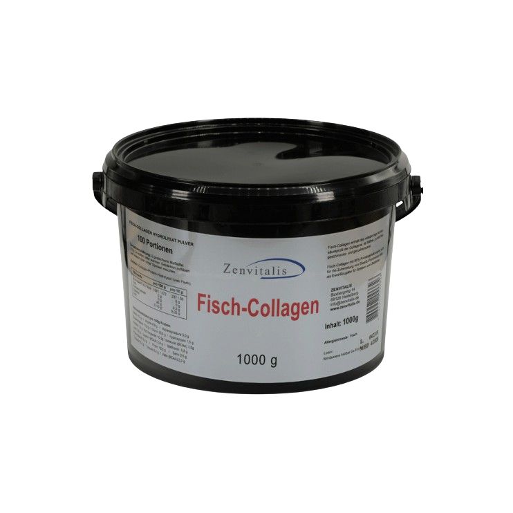 Schwarzer Eimer mit Deckel und Griff. Aufkleber mit "Zenvitalis Fisch-Collagen 1000 g".