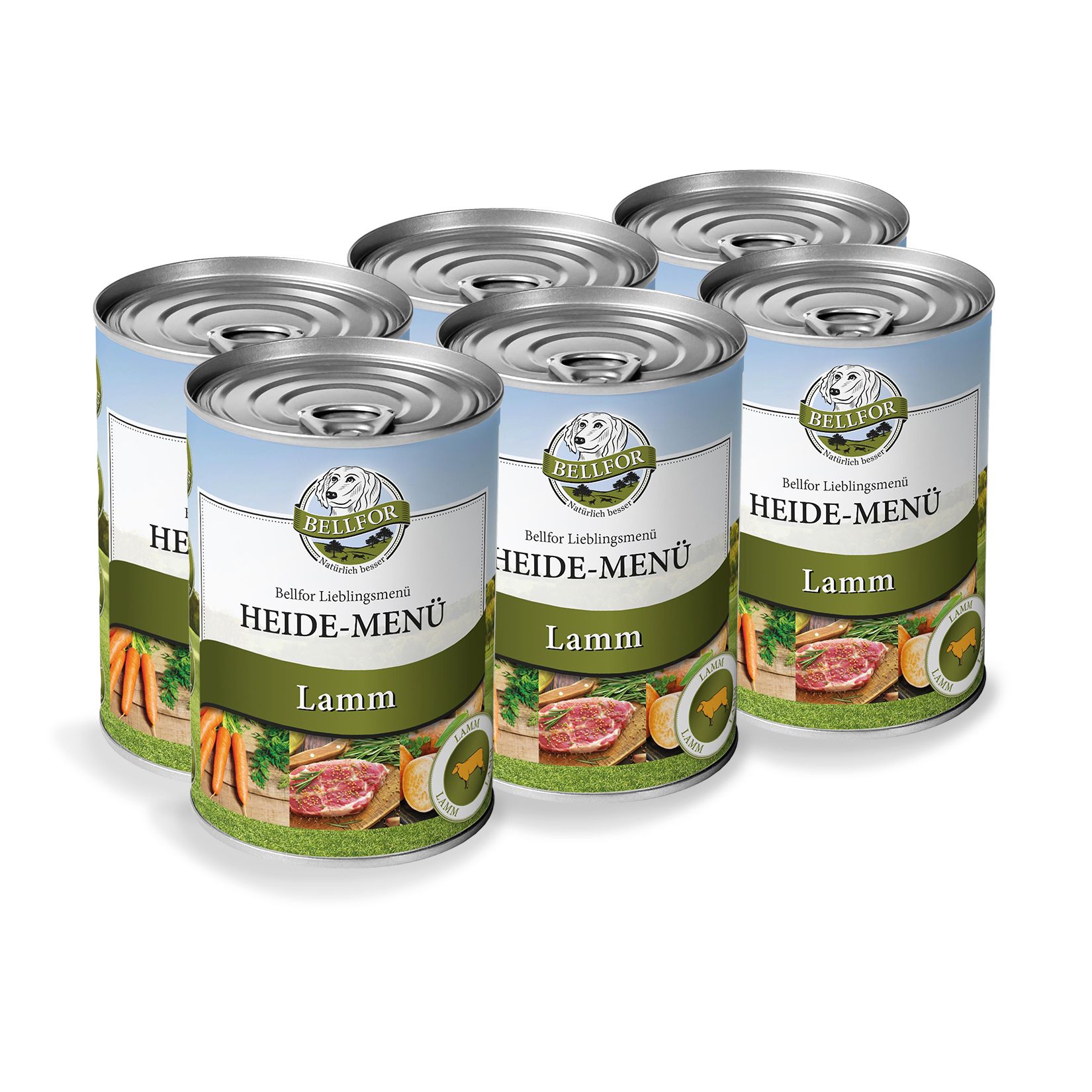 Sechs Dosen Hundefutter. Aufschrift: Heide-Menü Lamm. Marke: Bellfor. Abbildung von Lammfleisch und Gemüse.