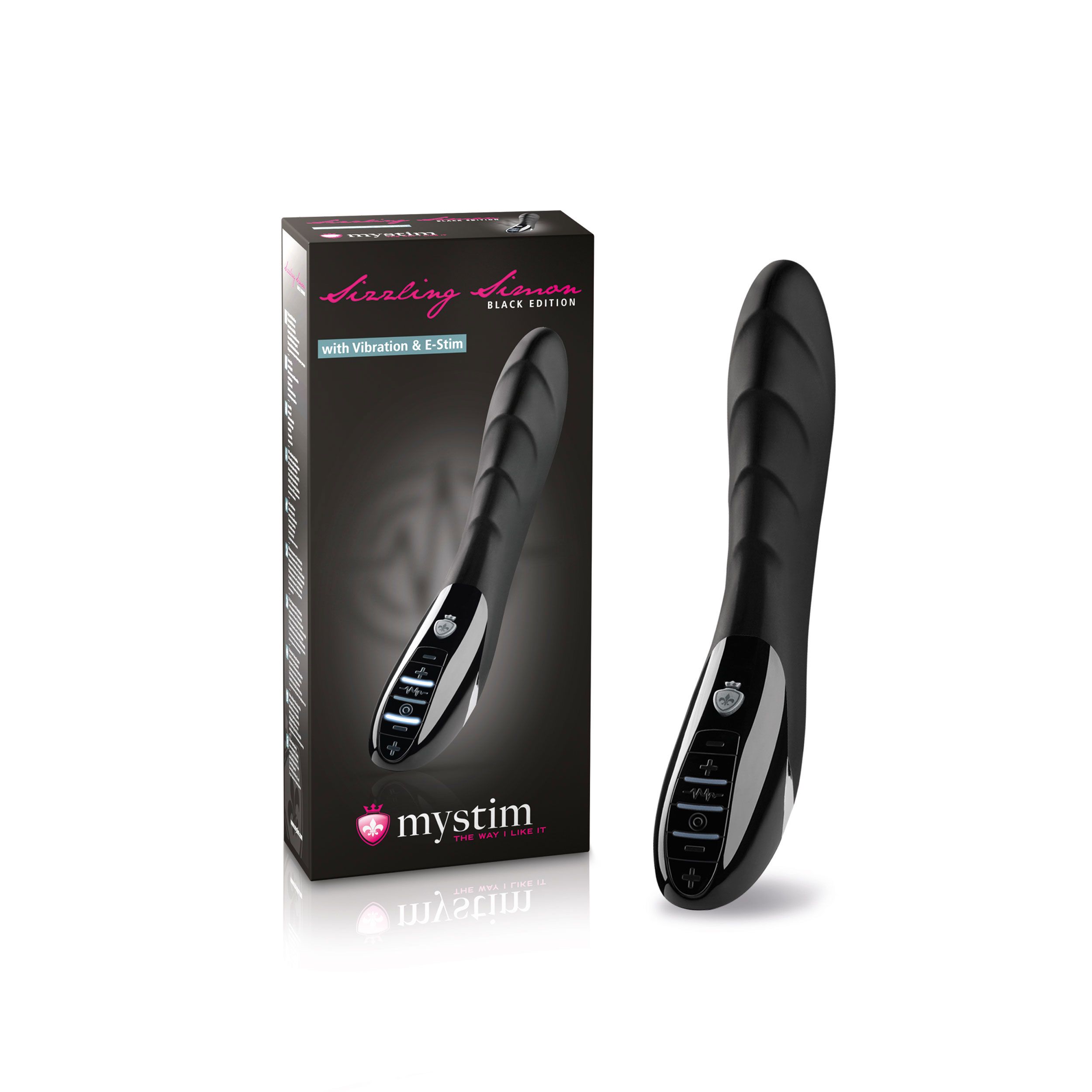 Wellness-Produkt in Verpackung. Schwarze Verpackung mit Produktabbildung und Text: "Sizzling Simon Black Edition".