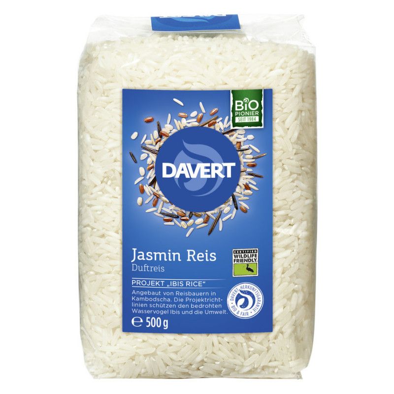 Jasmin Reis in transparenter Verpackung. Blaue Vorderseite mit Logo und Text. Bio-Siegel und Text: e 500 g.