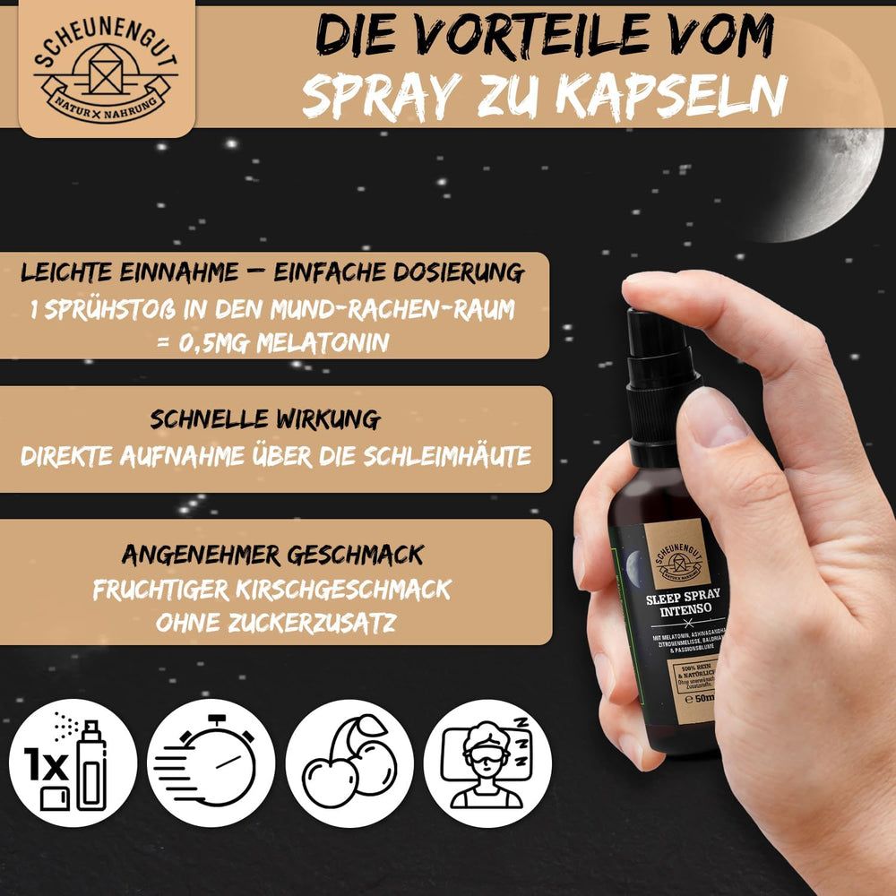 Hand hält eine braune Sprühflasche mit Melatonin-Spray. Text über einfache Einnahme und Wirkung.