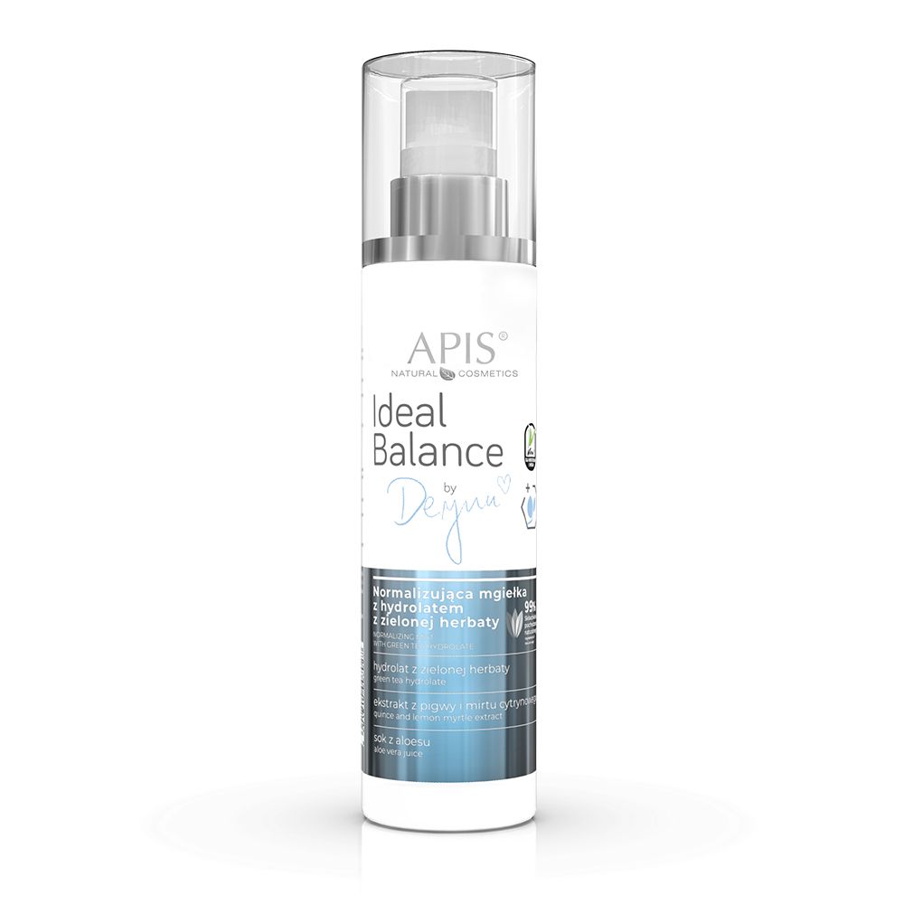 Gesichtsspray-Flasche mit Sprühkopf. Beschriftung: APIS IDEAL BALANCE BY DEYNN, Normalisierender Gesichtsnebel mit Hydrolat.