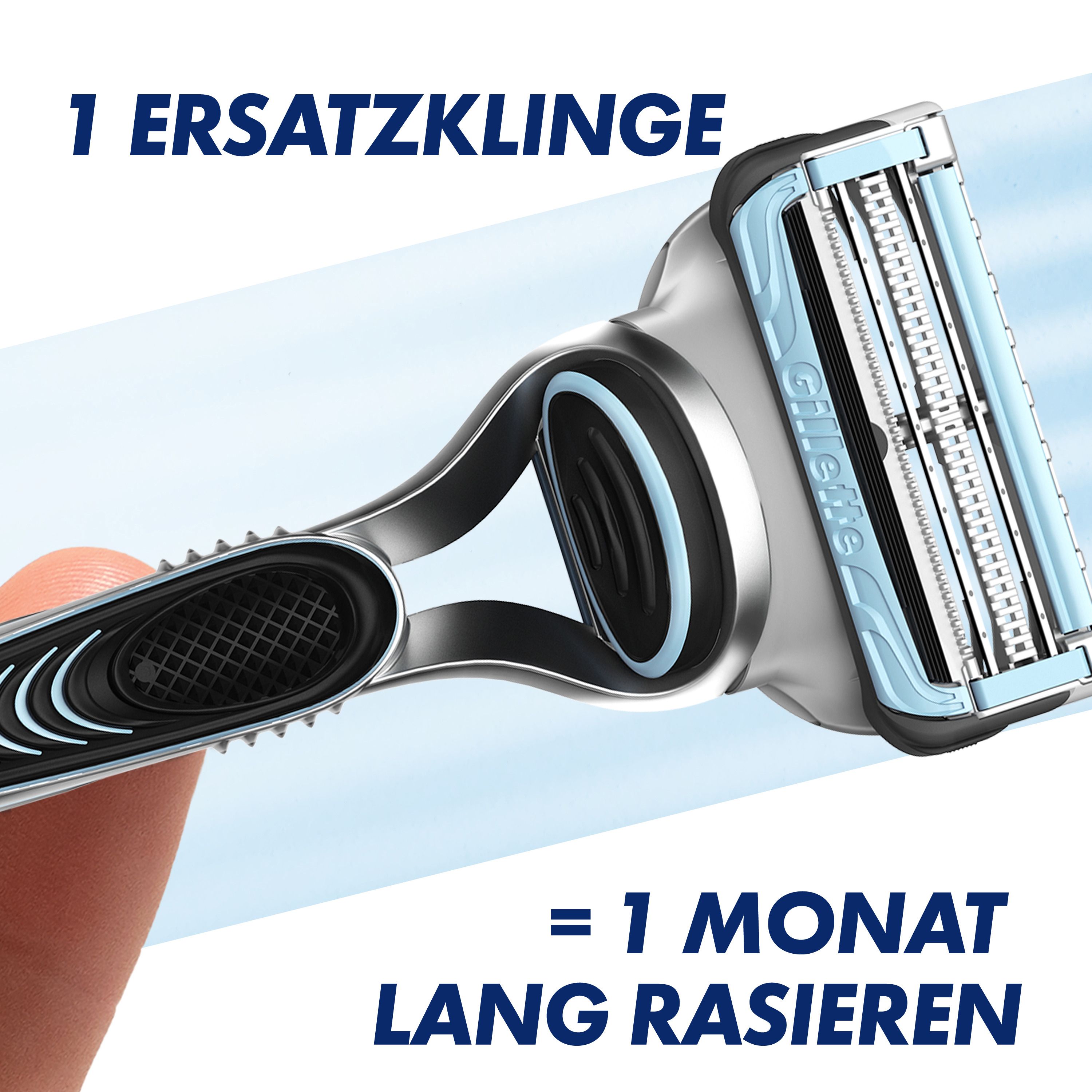 Nahaufnahme des Gillette SkinGuard Sensitive Rasierers. Text: 1 Ersatzklinge = 1 Monat lang rasieren.