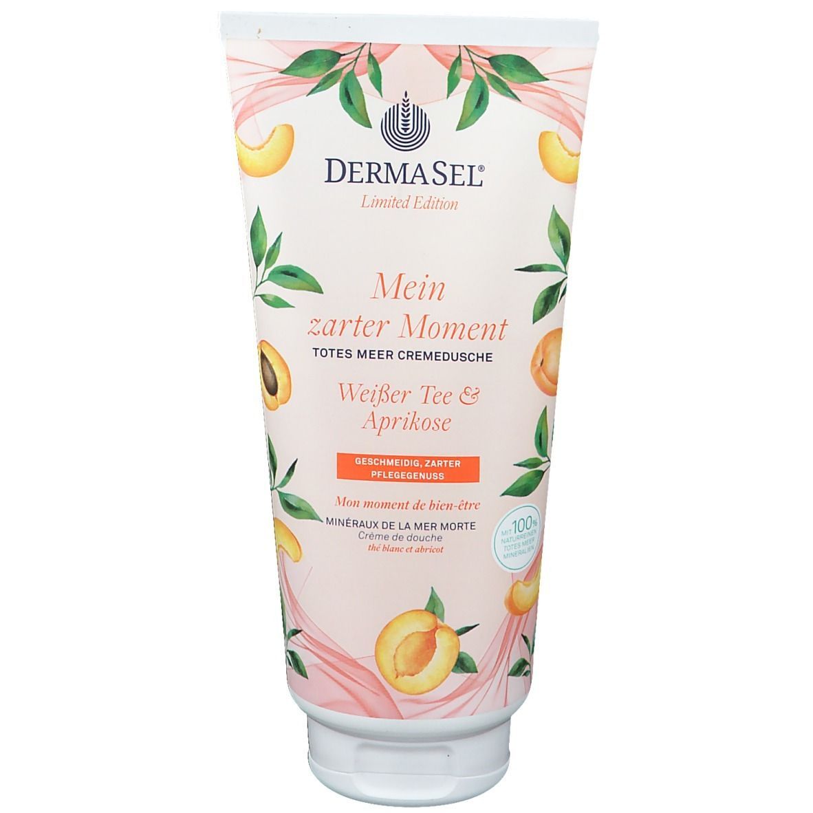 Creme-Dusche-Tube mit Produktnamen und Inhaltsstoffen. Marke DermaSel, Limited Edition. Weiße Tube mit Illustrationen von Aprikosen und Blättern.