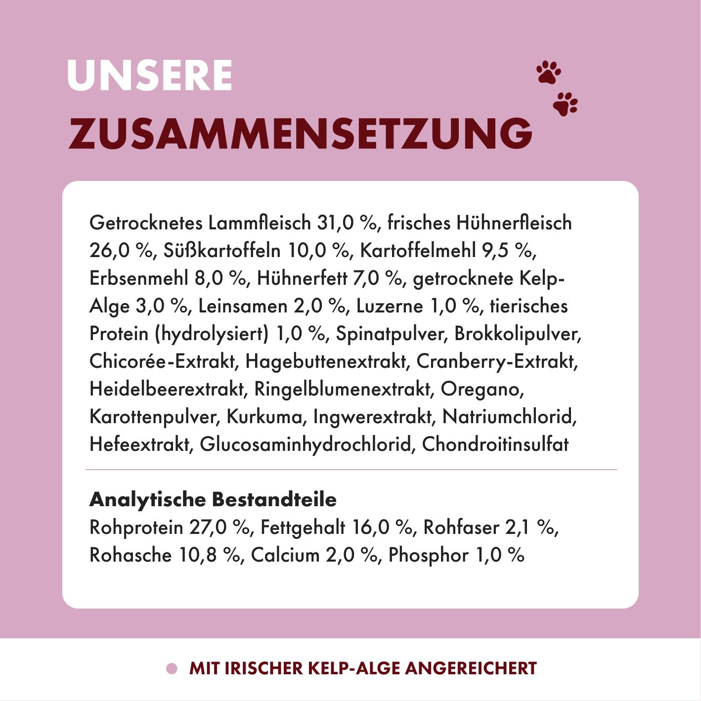Hundefutter-Beutel mit Lamm und Huhn, 100% Irland, mit Gemüse und Kelp-Alge.