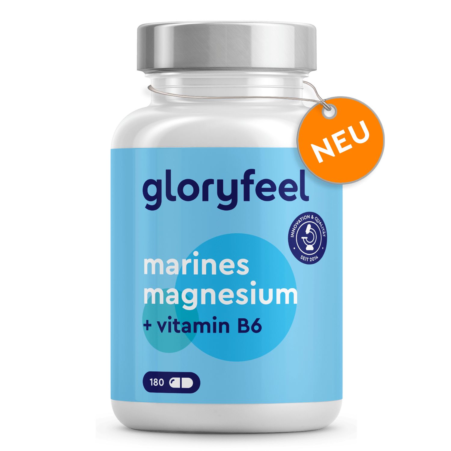 Weißes Pillenglas mit blauem Etikett. Aufschrift: marines magnesium + vitamin B6. 180 Kapseln. Orangefarbenes "NEU"-Etikett.