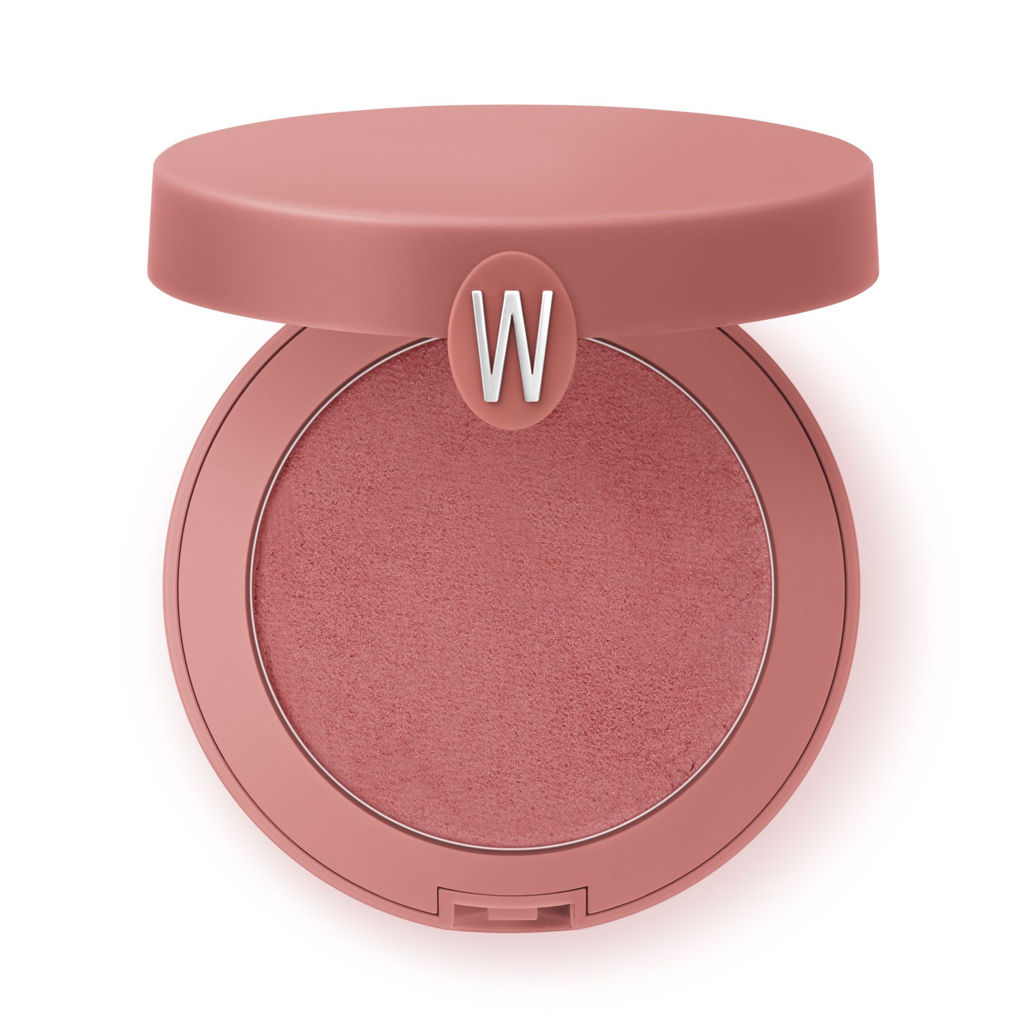 WYCON Cosmetics Balmy Cheeks 302 Warm Desire. Un compatto di blush rotondo e rosa con un coperchio che si apre. Il prodotto stesso è una polvere rosa. Una "W" argentata è visibile sul coperchio.