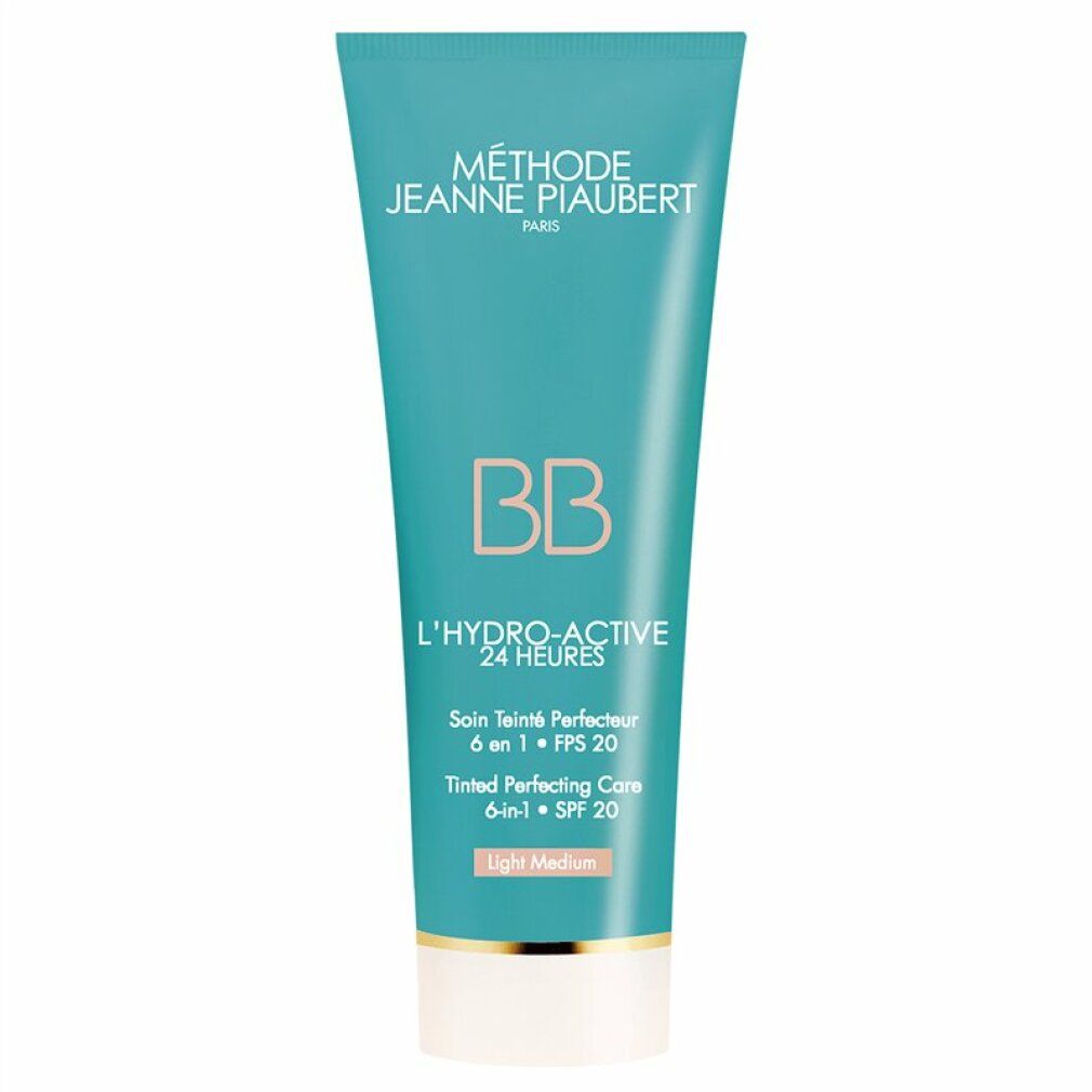 Türkisfarbene Tube mit weißem Deckel. Aufschrift: BB, L'HYDRO-ACTIVE 24 HEURES, SPF 20, Light Medium. Marke: Jeanne Piaubert.