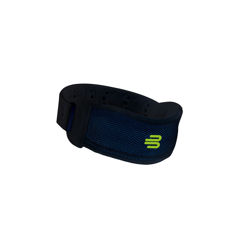 Schwarzer Kniestrap mit grünem Logo. Klettverschluss. Mesh-Material.
