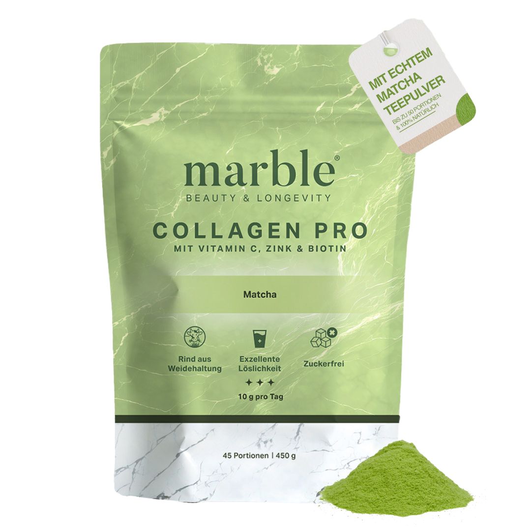 marble© Collagen Pro-Verpackung mit Matcha-Pulver. Grün-weißes Design. Text: Mit echtem Matcha Tee-Pulver.