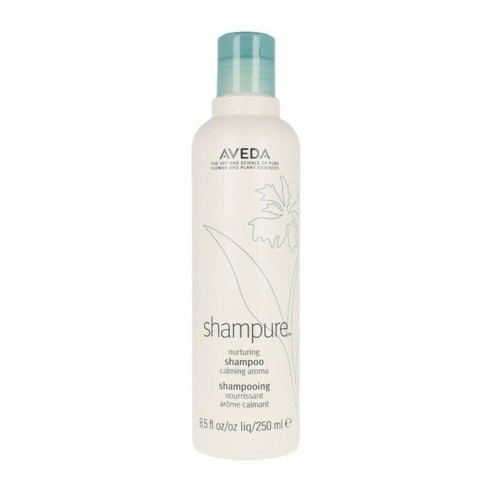 Weißes Shampoo-Fläschchen mit blauem Deckel. Aufschrift: Aveda, Shampure, nährendes Shampoo, 8.5 fl oz/250 ml.