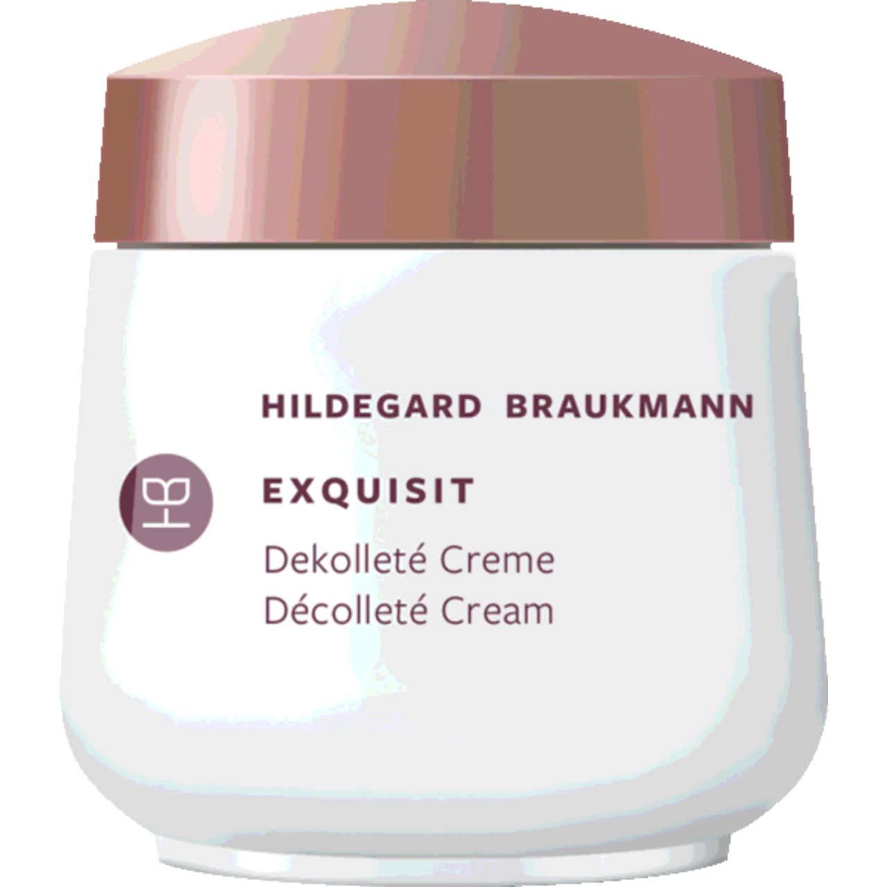 Creme-Tiegel mit Deckel. Aufschrift: Hildegard Braukmann, Exquisit, Dekolleté Creme, Décolleté Cream. Logo.