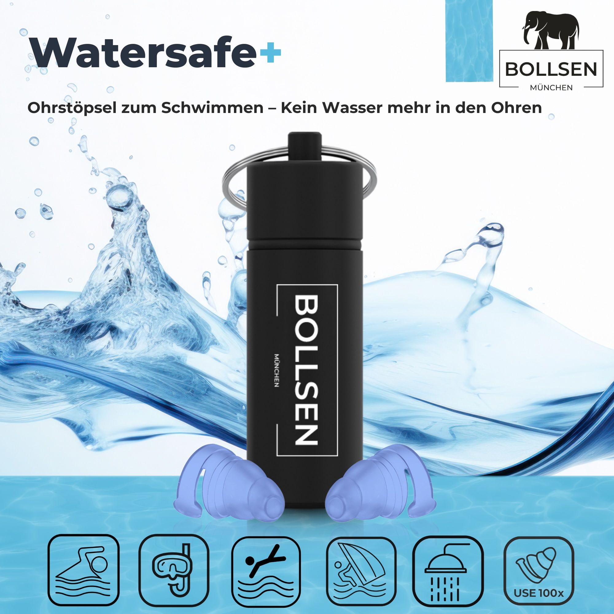 BOLLSEN Watersafe+ Ohrstöpsel mit Aufbewahrungsdose, umgeben von Wasser-Effekt.