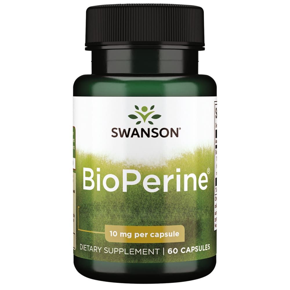 Grüne Flasche mit schwarzem Deckel. Aufschrift Swanson, BioPerine, 10 mg pro Kapsel, Nahrungsergänzungsmittel, 60 Kapseln.