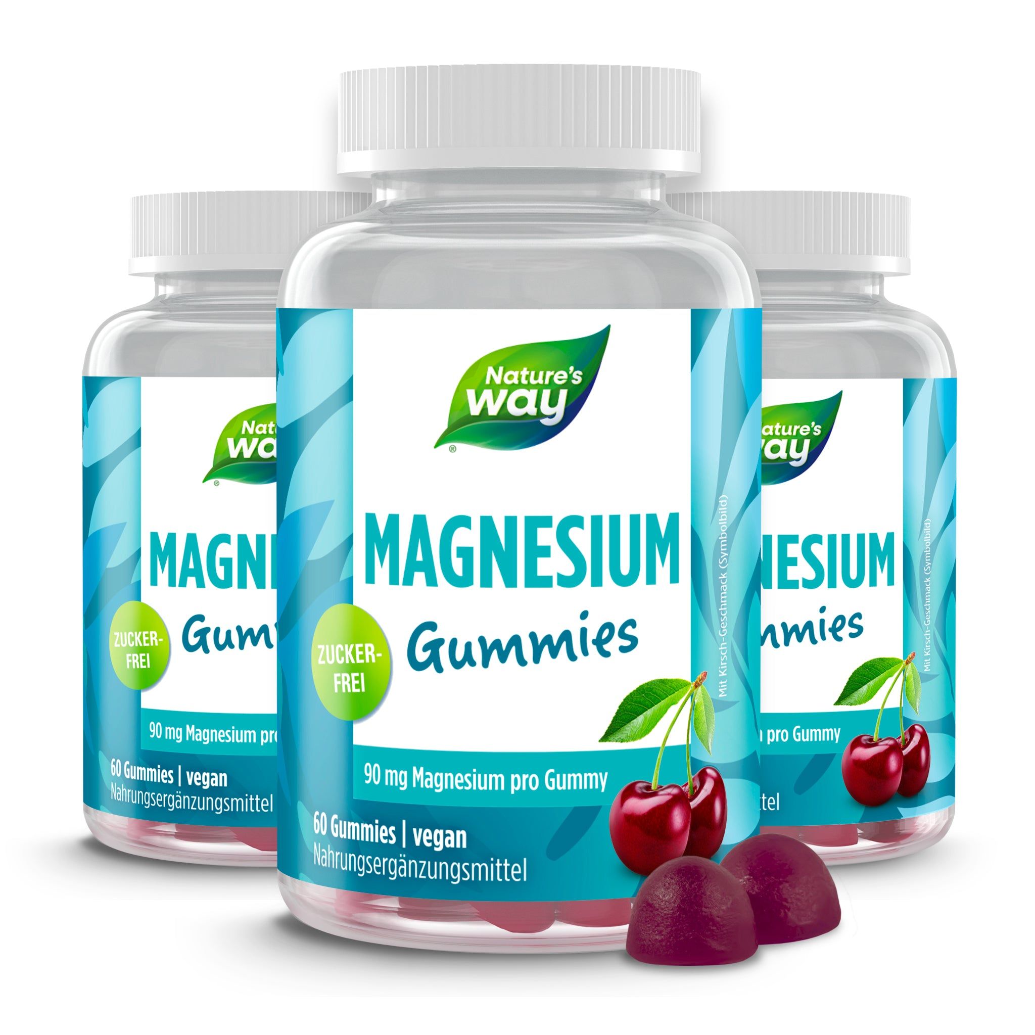 Drei Flaschen Nature's Way Magnesium Gummies. Aufschrift: Magnesium Gummies, zuckerfrei, 60 Gummies, vegan.