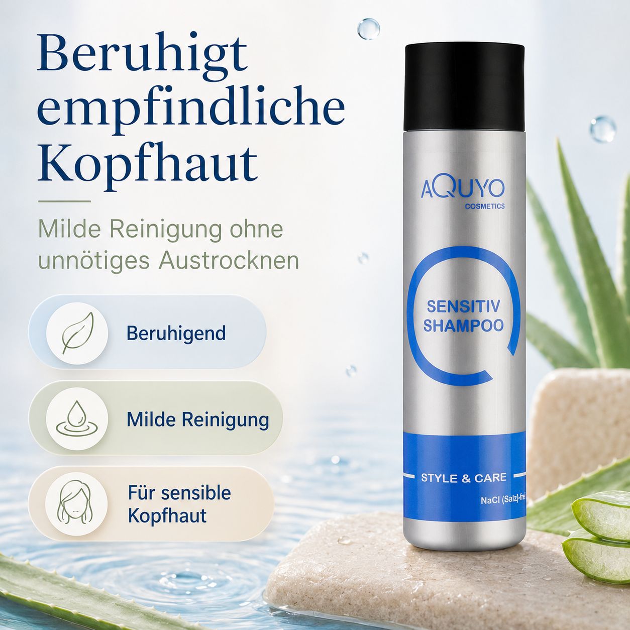 Flasche Sensitiv Shampoo mit Aloe Vera und Wasser-Symbolen. "Beruhigt empfindliche Kopfhaut. Milde Reinigung ohne Austrocknen".