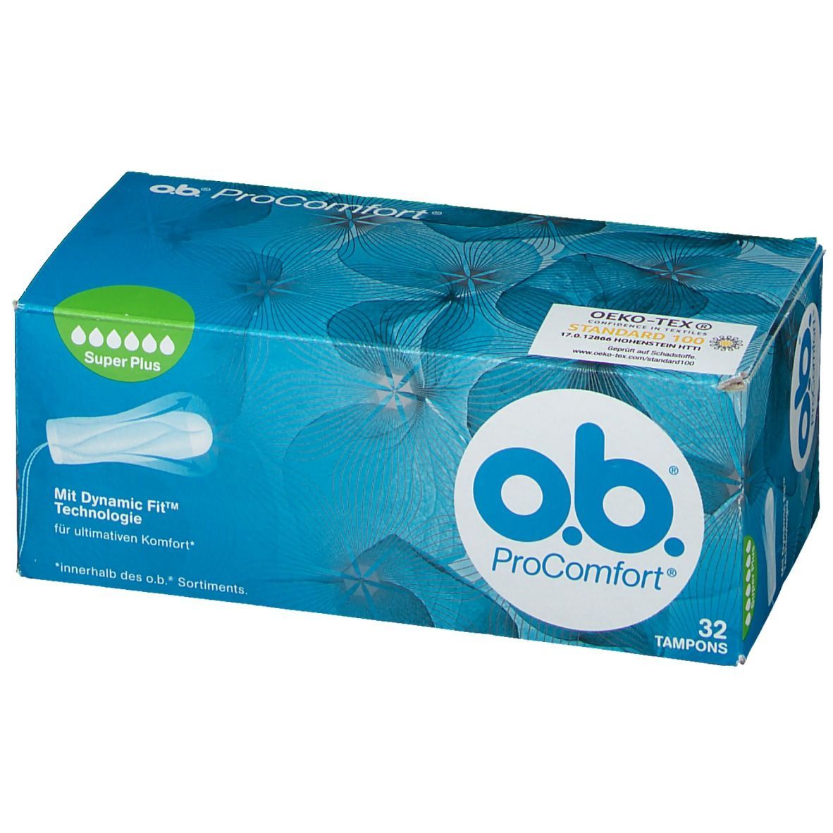 Blau-grüne Schachtel mit o.b. ProComfort Super Plus Tampons. Oben links das Logo von o.b. und das Öko-Tex-Siegel. 32 Tampons.