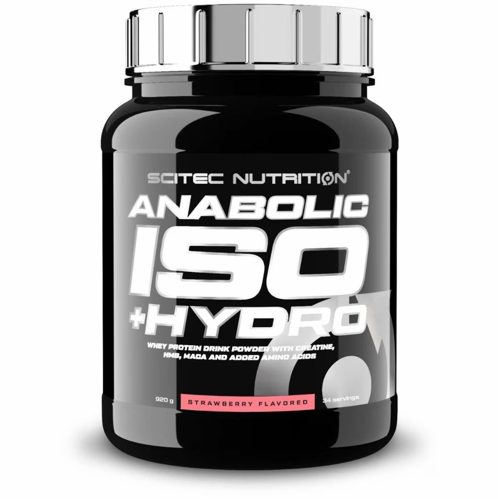 Schwarze Dose Scitec Nutrition Anabolic Iso+Hydro, Strawberry. Produktname und Logo deutlich sichtbar. 900g.