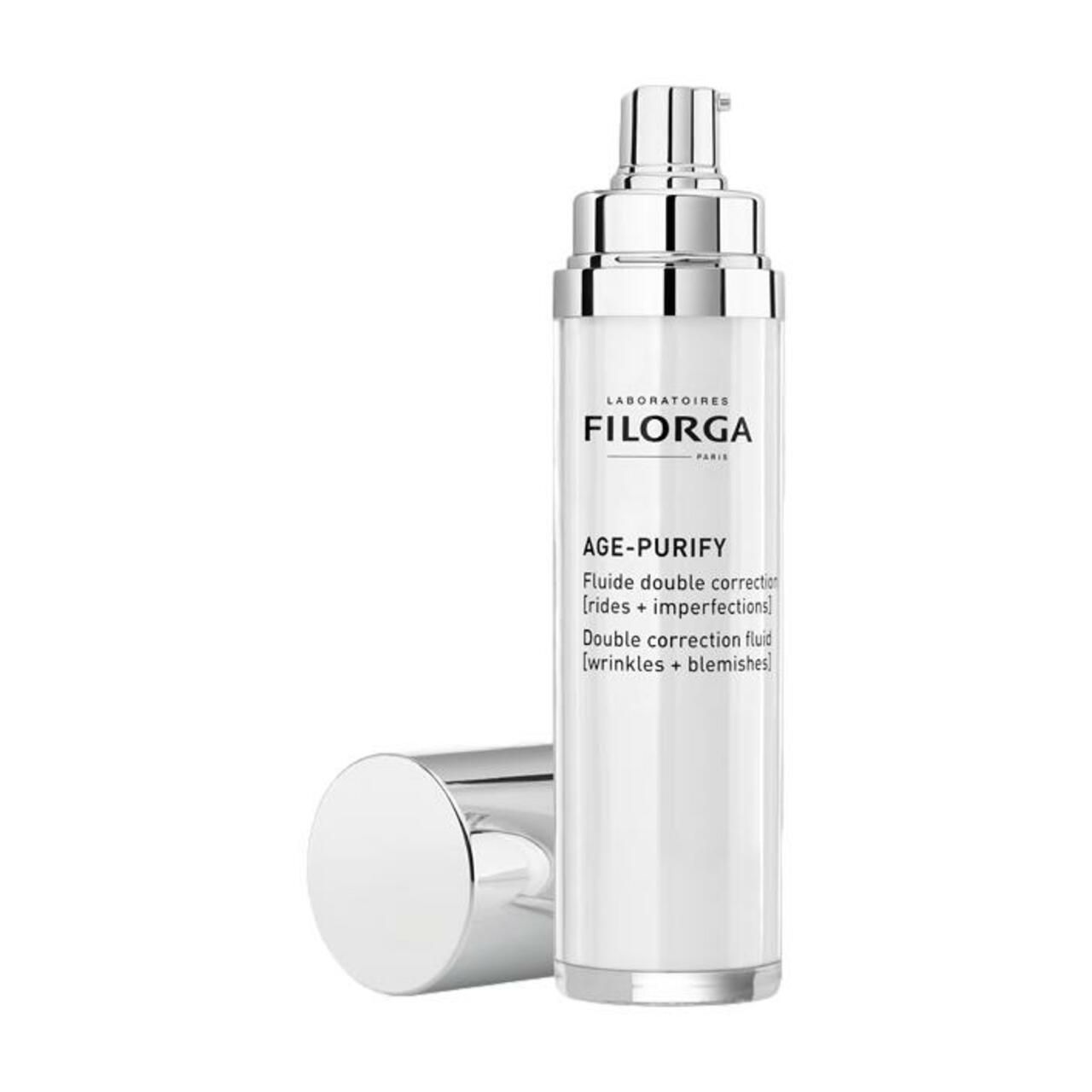 Filorga Age-Purify Fluid, weiße Flasche mit silbernem Deckel. Text: Age-Purify, Falten, Unreinheiten. Laboratoires Filorga Paris.