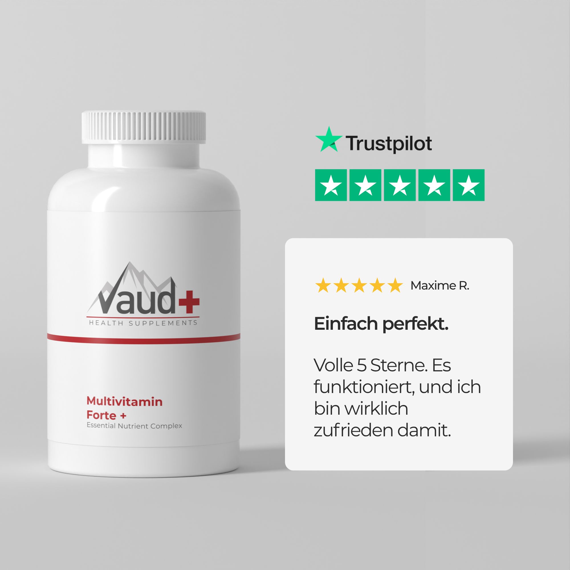 Weiße Flasche mit Schraubverschluss. Aufschrift: Vaud+ Health Supplements, Multivitamin Forte +. Trustpilot-Bewertung: 5 Sterne.