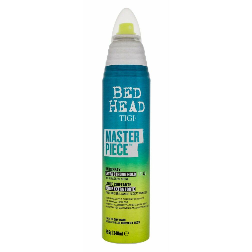 Haarspray-Flasche mit grün-blauem Design. Aufschrift: Bed Head Tigi Masterpiece. Extra starker Halt. 255g/340ml.