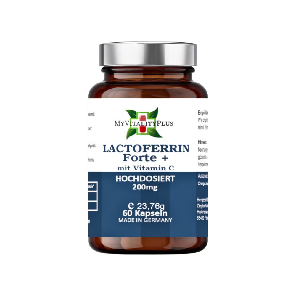 Braune Glasflasche mit Kapseln. Aufschrift: Lactoferrin Forte + Vitamin C, 200mg, 60 Kapseln. Made in Germany.