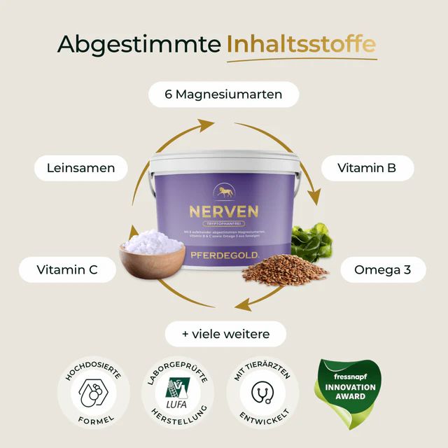 Pferdegold Nerven Eimer mit Zutaten und Qualitätssiegeln.