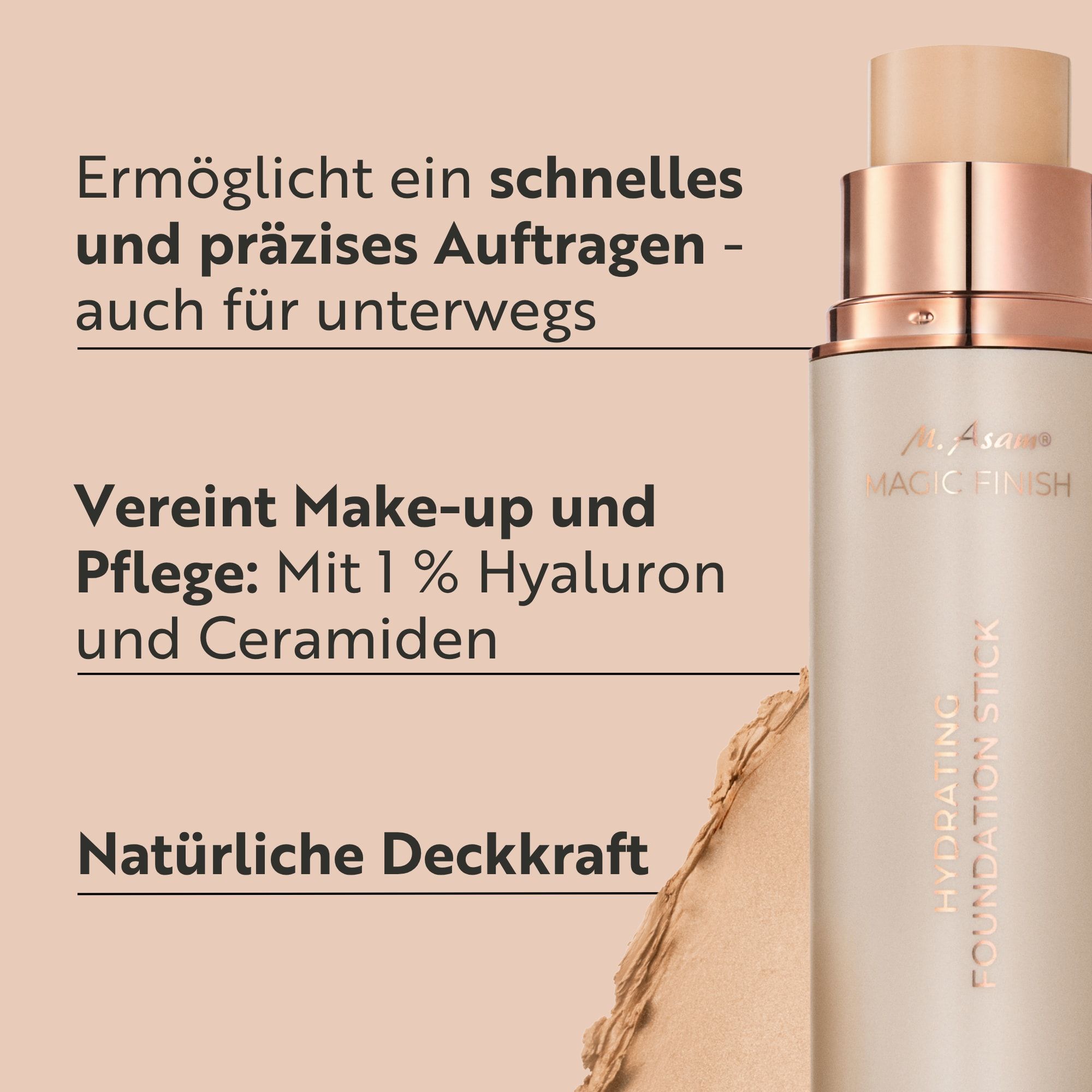 M. Asam Hydrating Foundation Stick LSF 30 in Soft Ivory. Text: Schnelles Auftragen, Make-up und Pflege, Natürliche Deckkraft.