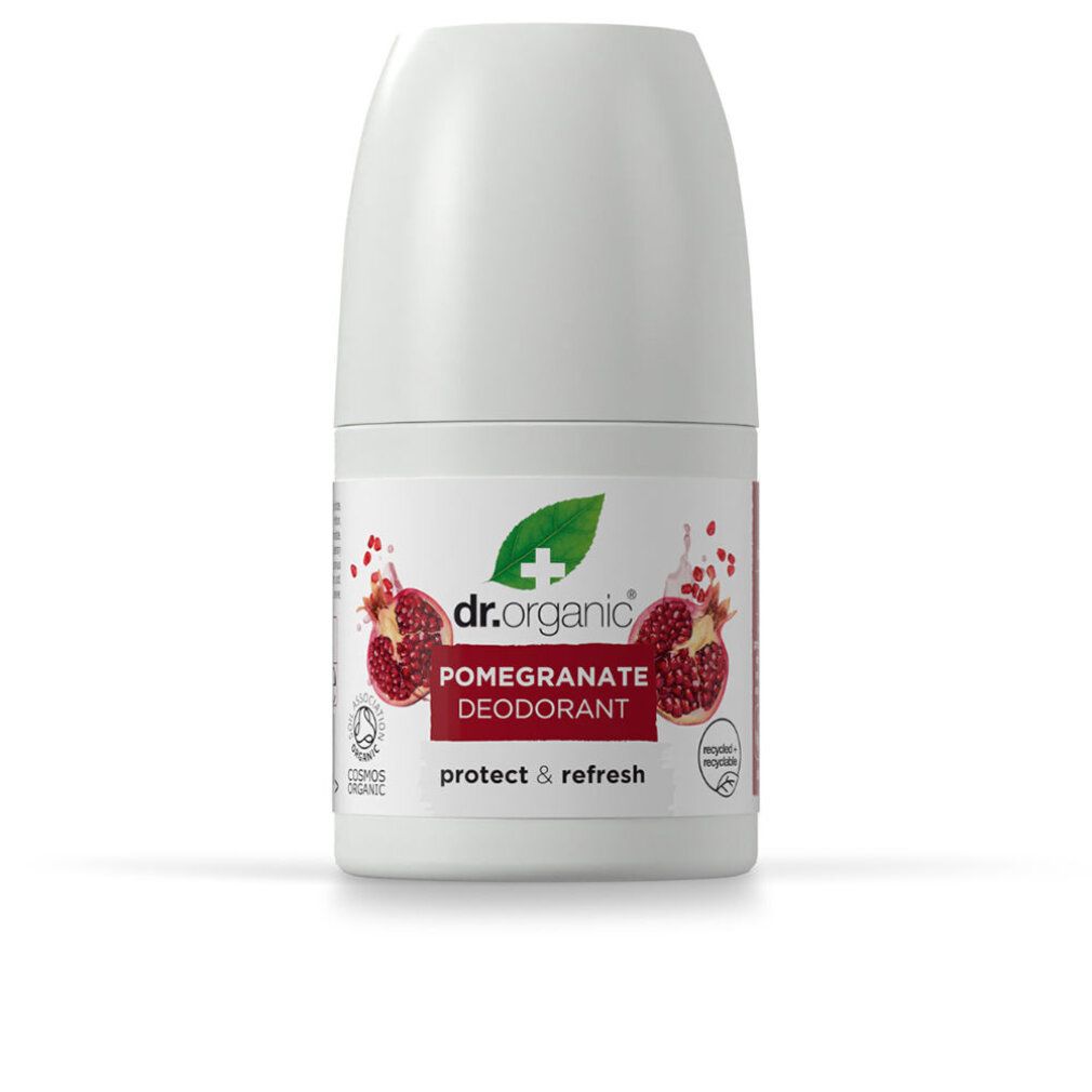 Dr. Organic Bio-Granatapfel Deodorant. Weißer Roll-on-Behälter mit weißem Deckel. Produktetikett mit Granatapfel-Abbildung.