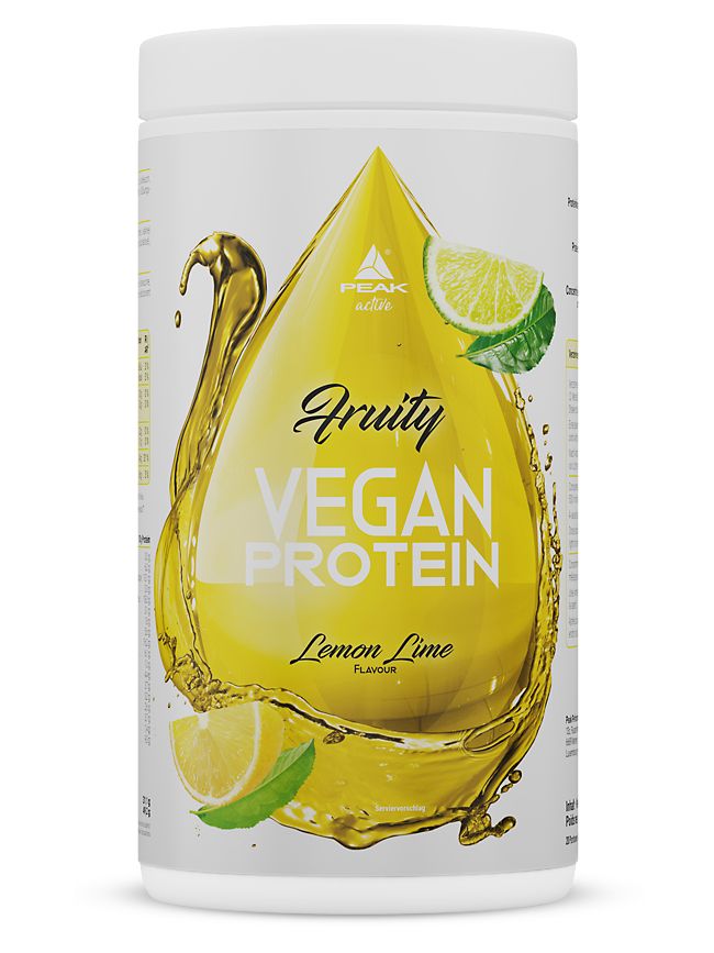Weißer Behälter mit gelbem Aufdruck. Enthält "Fruity Vegan Protein Lemon Lime". Abbildung von Zitrone und Limette.
