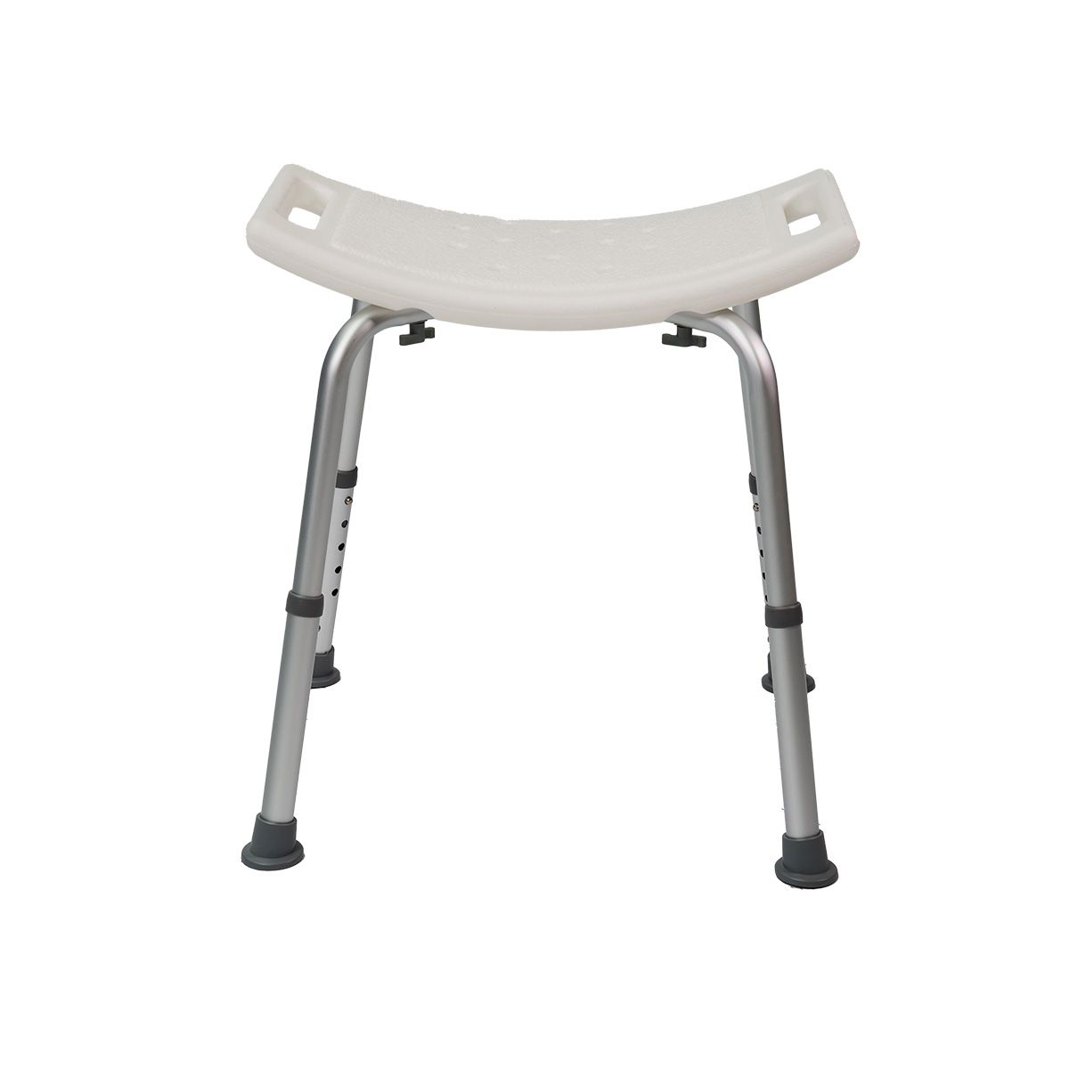 Duschhocker mit weißem Sitz und silberfarbenen Beinen. Höhenverstellbar, mit Griff. Vierbeiniger Hocker mit rutschfesten Gummifüßen.