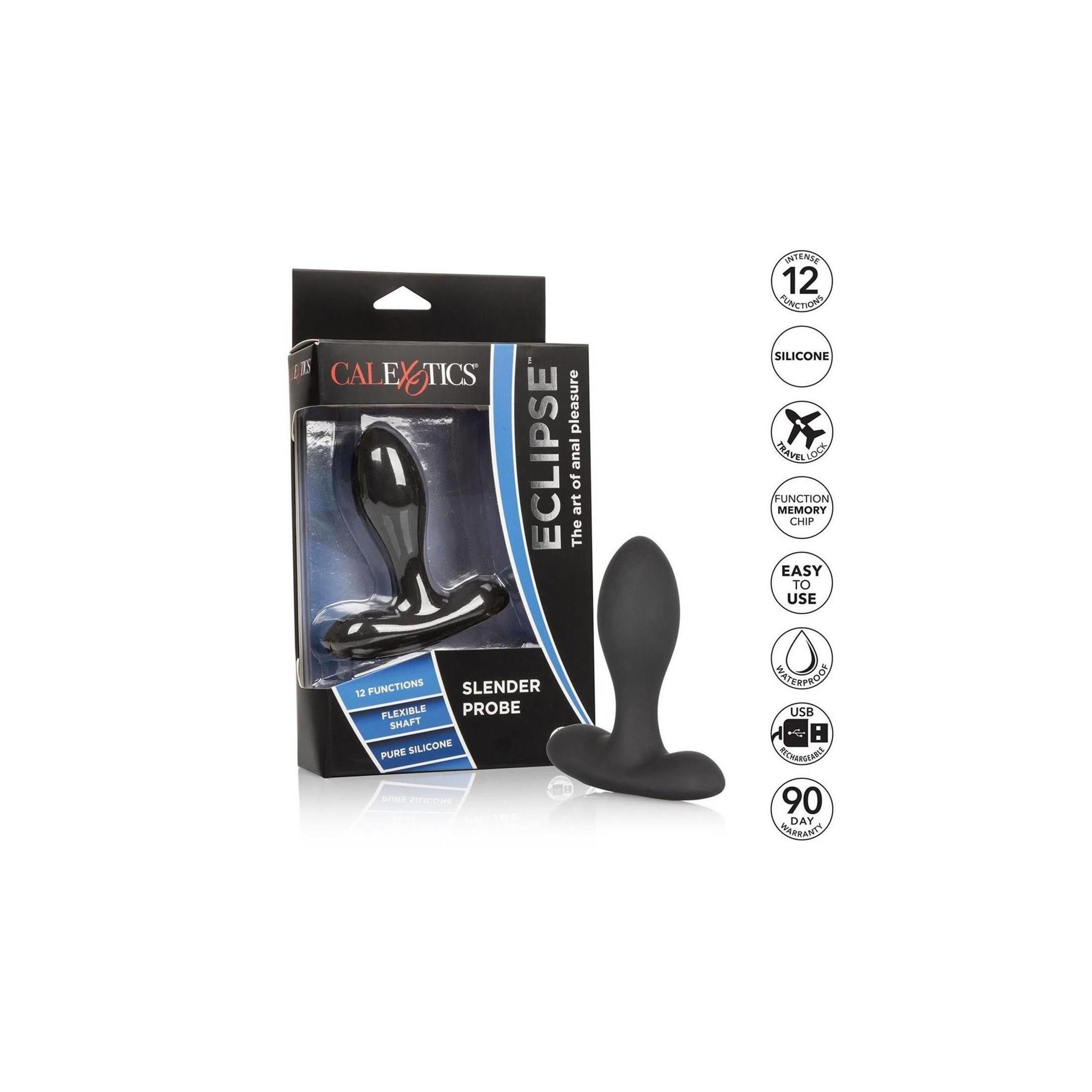 Produkt und Verpackung. Schwarzer Anal-Probe neben Verpackung. Produktname: Eclipse Slender Probe. Logos und Icons.