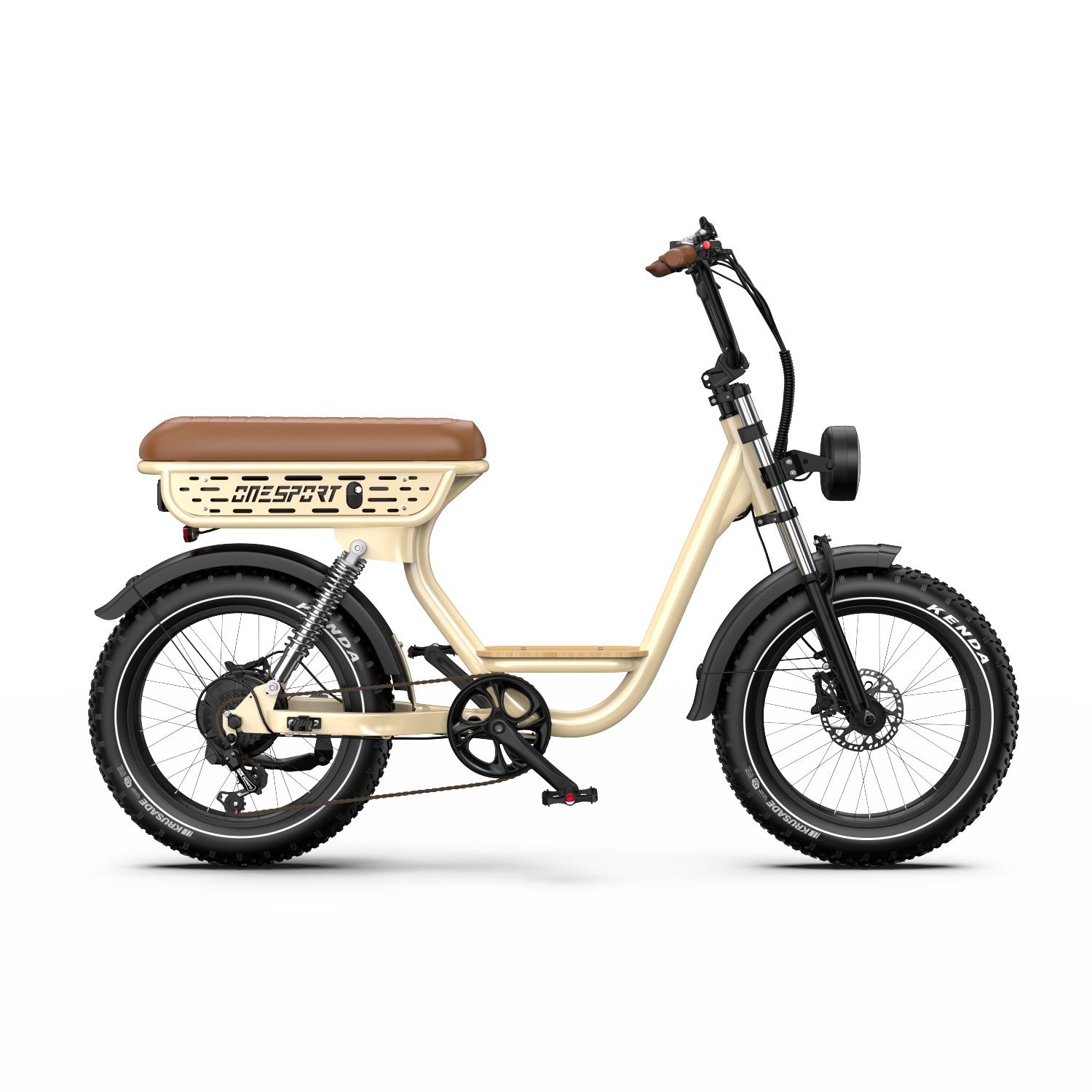 Beige Elektrofahrrad mit braunem Sattel. Schwarze Reifen, Kotflügel und Lenker. Marke: ONESPORT. Seitenansicht.