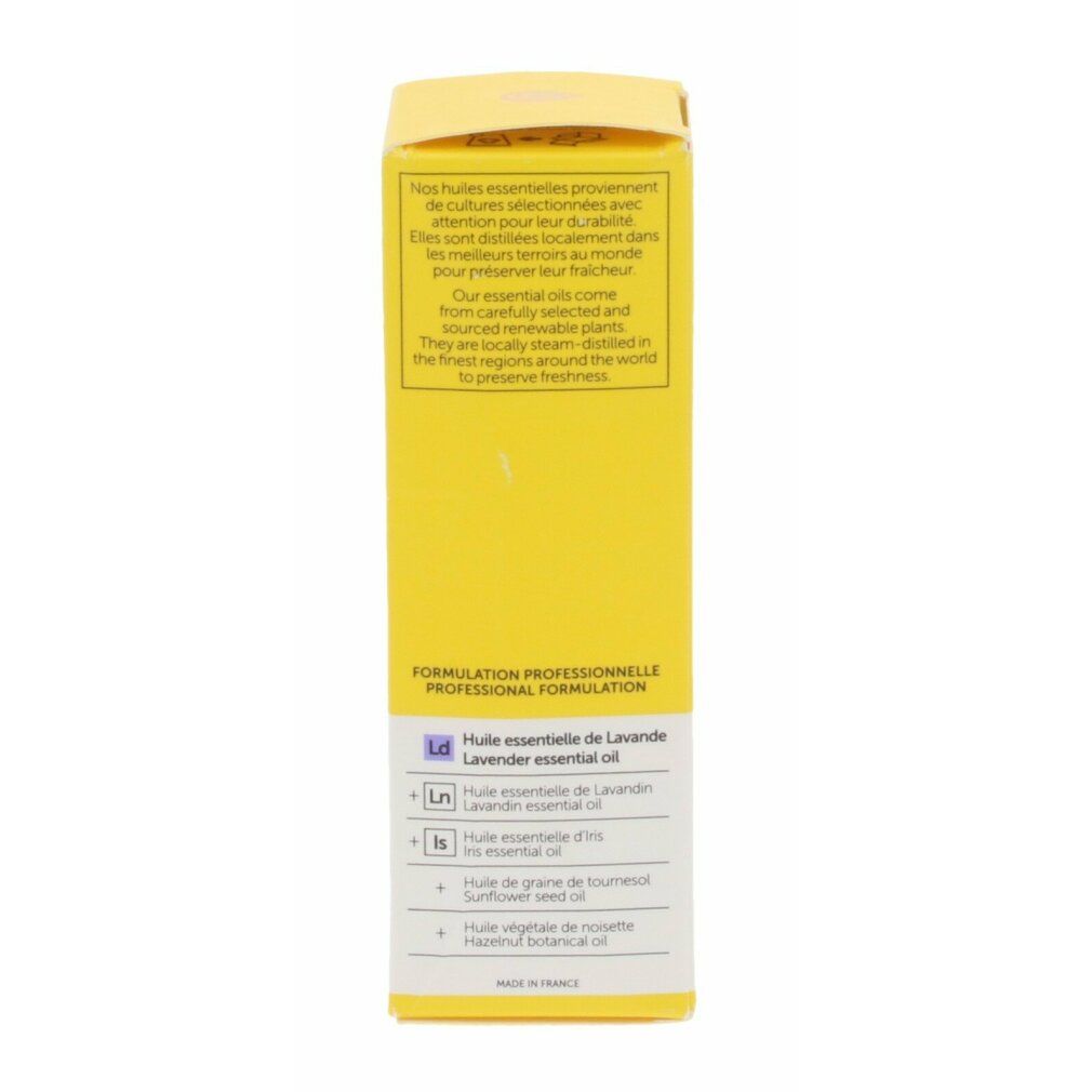 Gelbe Schachtel. Aufschrift: Professional Formulation. Inhaltsstoffe: Lavendelöl, Irisöl, Sonnenblumenöl.