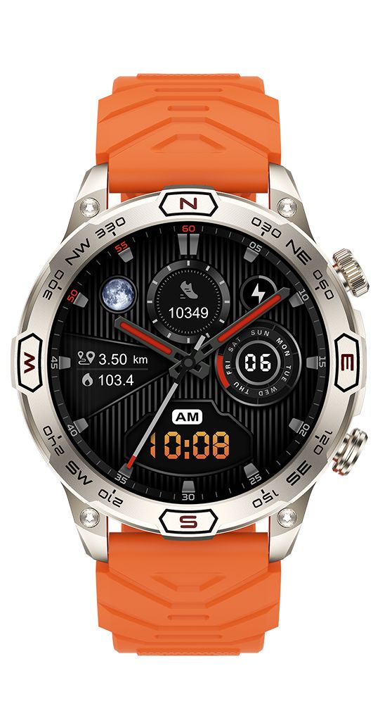 Smartwatch mit silbernem Gehäuse und digitalem Zifferblatt. Zeigt Uhrzeit, Datum und Fitnessdaten an. Orangefarbenes Armband.