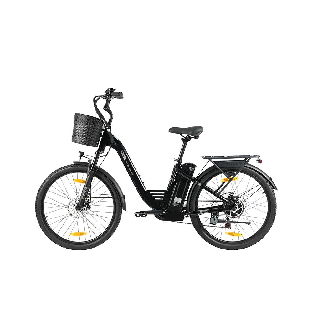 Schwarzes TTGO C2 PRO E-Bike. Korb vorne, Gepäckträger hinten. 7-Gang Shimano. Batterie am Rahmen.