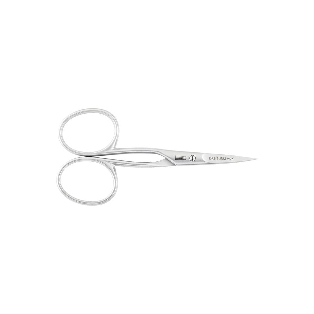 Nagelhautschere aus Metall. Schlanke Form mit abgerundeten Griffen und spitzer Spitze. Aufschrift: DREITURM Solingen.