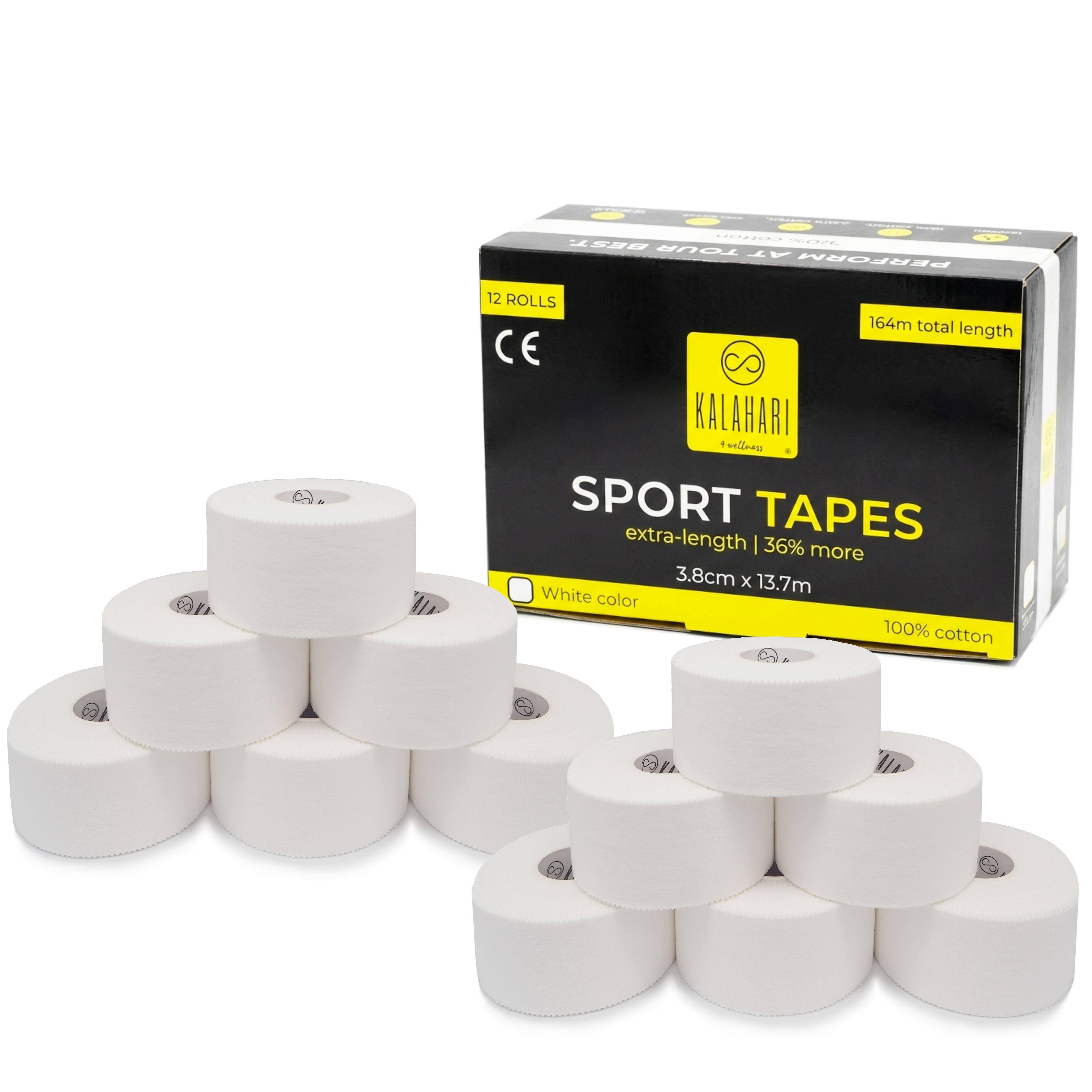 Zwölf Rollen weißes Sporttape, extra lang, 100% Baumwolle, auf einer Verpackung mit CE-Kennzeichnung.