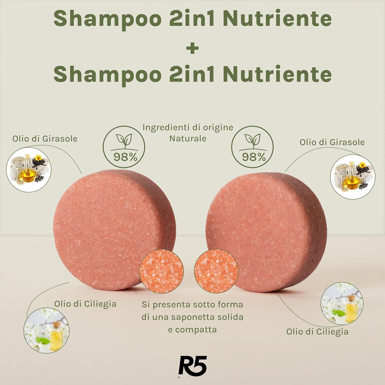 Zwei runde, rosafarbene Shampoo-Stücke. Text: Shampoo 2in1 Nutriente. Inhaltsstoffe: Olio di Girasole, Olio di Ciliegia. R5-Logo.