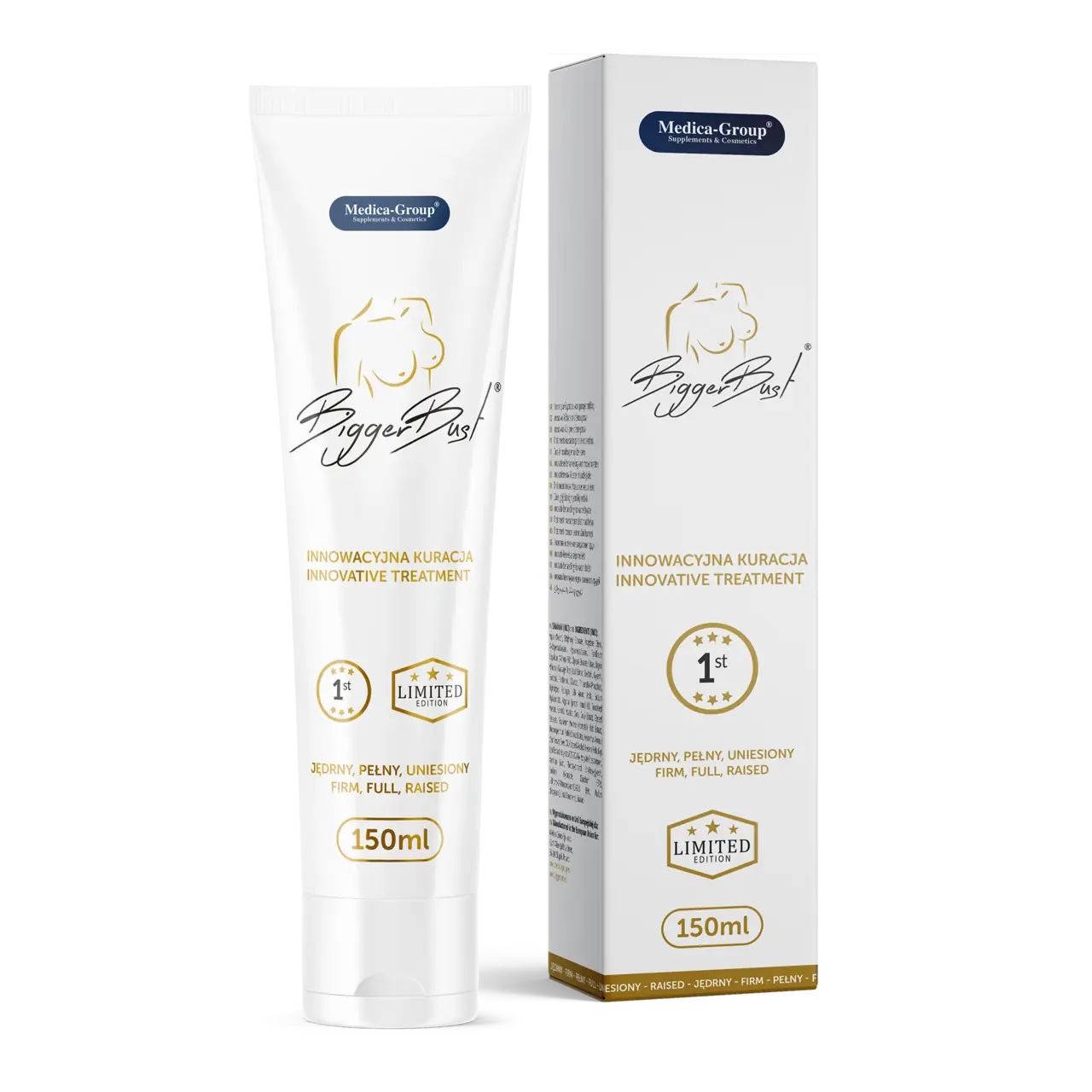 Tube und Verpackung mit Produktlogo und Text. Aufschrift: BiggerBust, 150ml. Zertifizierungen und Text in polnischer Sprache.