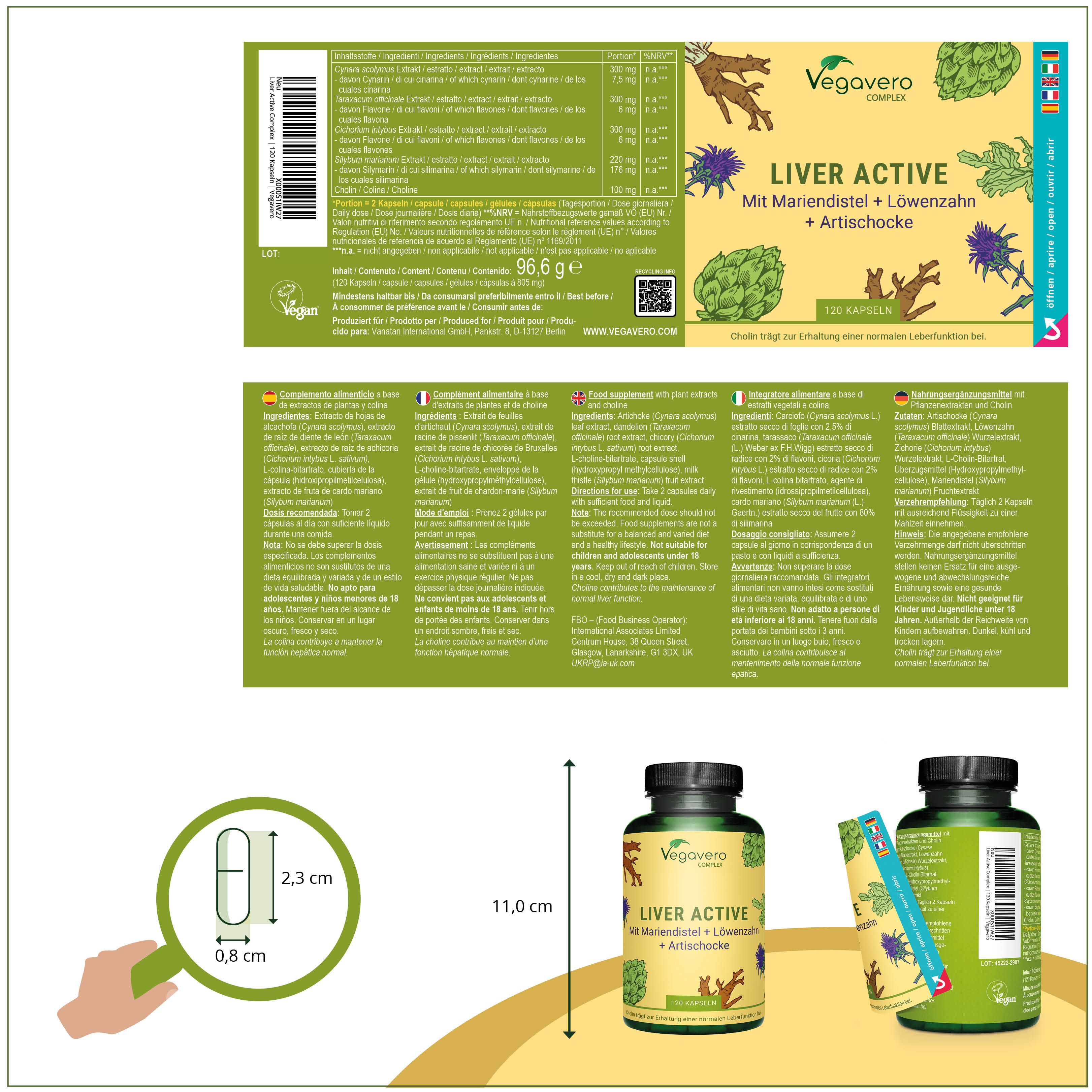 Produktverpackung mit Flasche und Beipackzettel. Kapsel-Größenangabe: 2,3 x 0,8 cm. Vegavaro Logo.