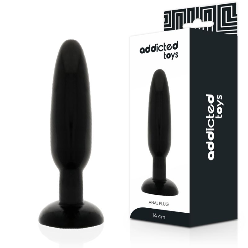 Schwarzer Analplug neben Verpackung. Marke Addicted Toys. Produktname: Anal Plug. Größe: 14 cm.