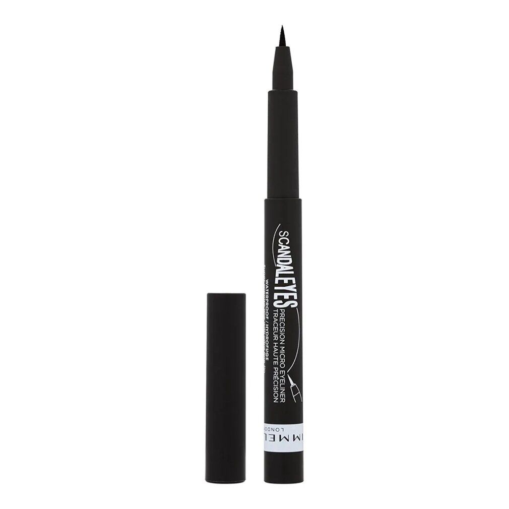 Schwarzer Eyeliner mit offener Kappe. Auf dem Stift steht "SCANDALEYES" und "RIMMEL LONDON".
