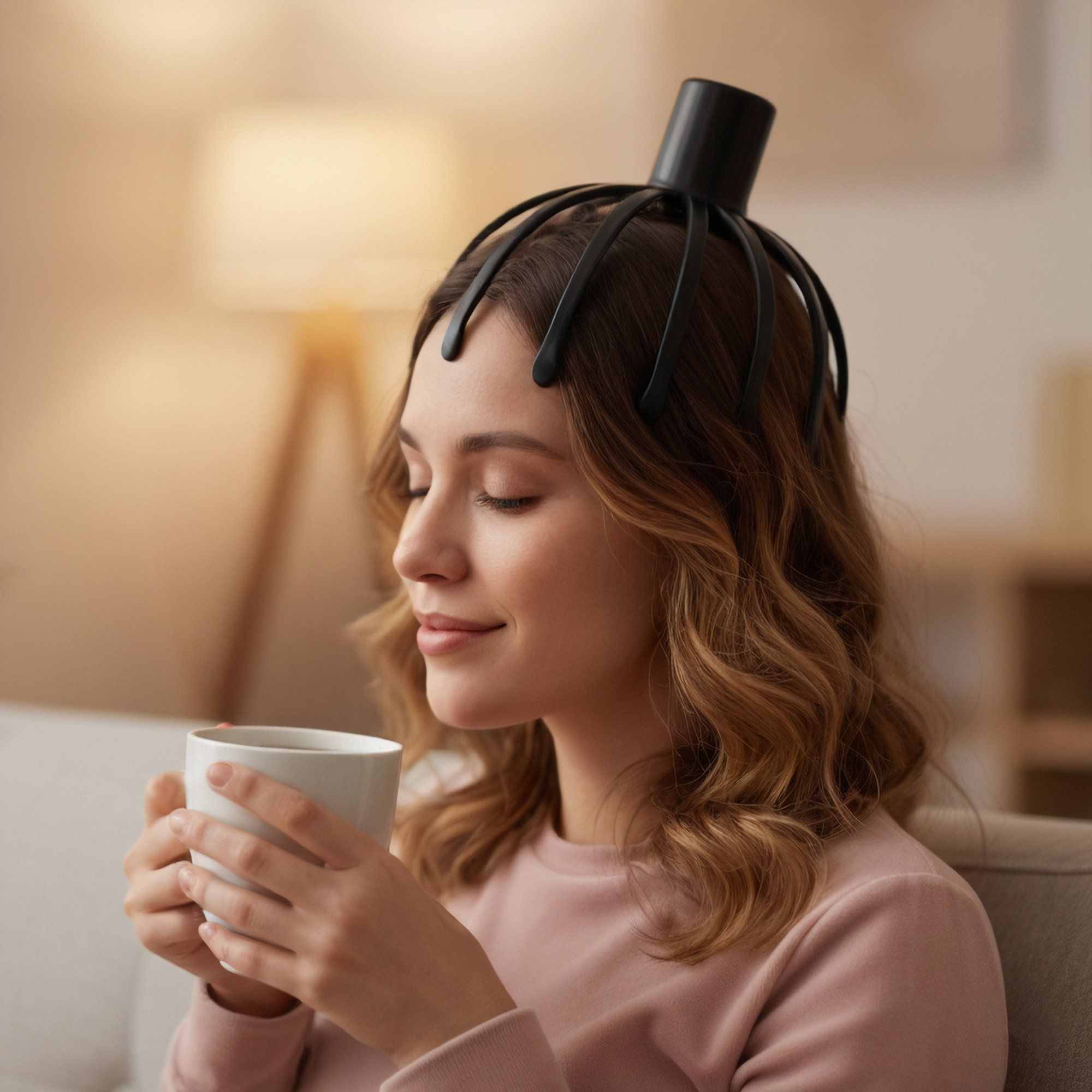 Frau mit schwarzem Kopfmassagegerät. Sie hält eine weiße Tasse.