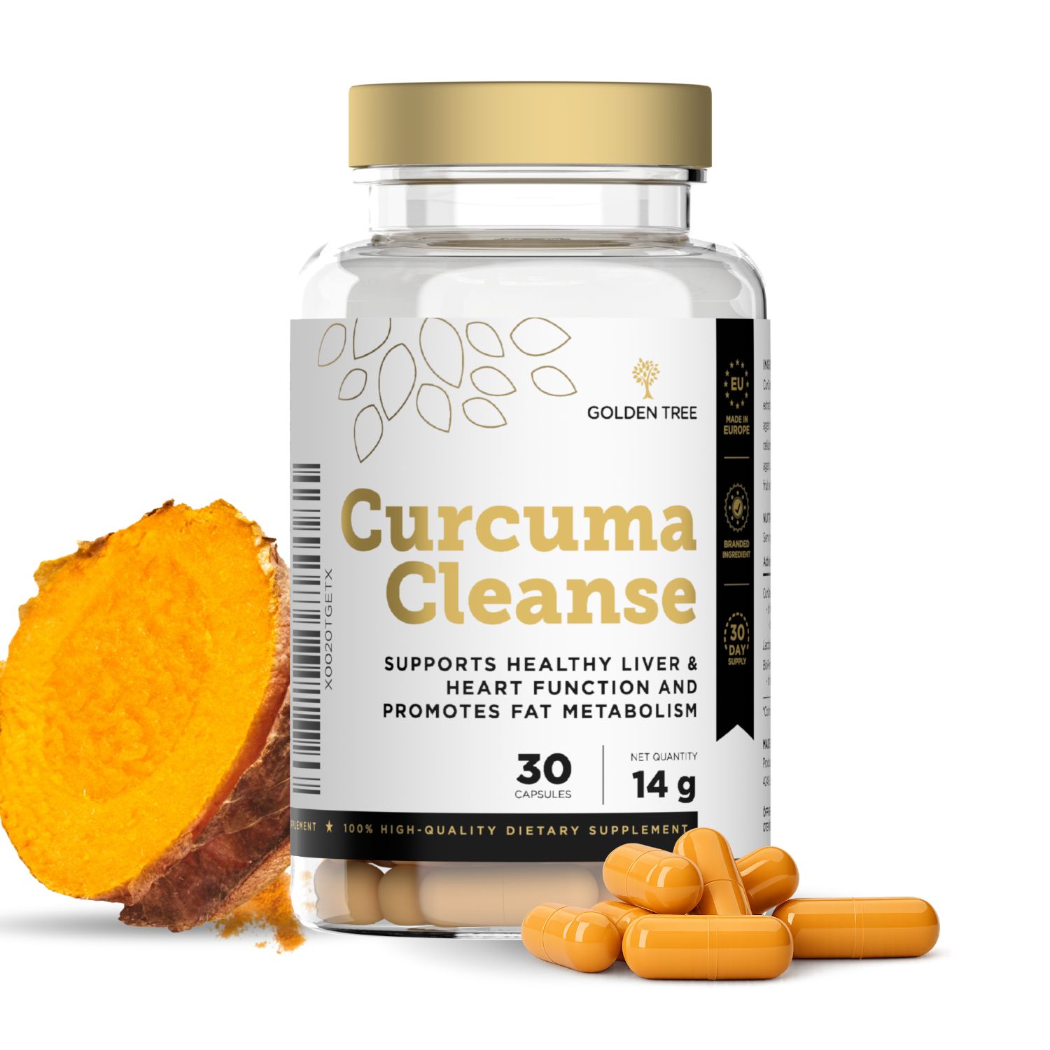 Flasche mit 30 Curcuma Cleanse Kapseln, daneben frische Kurkuma-Wurzel und Kapseln.